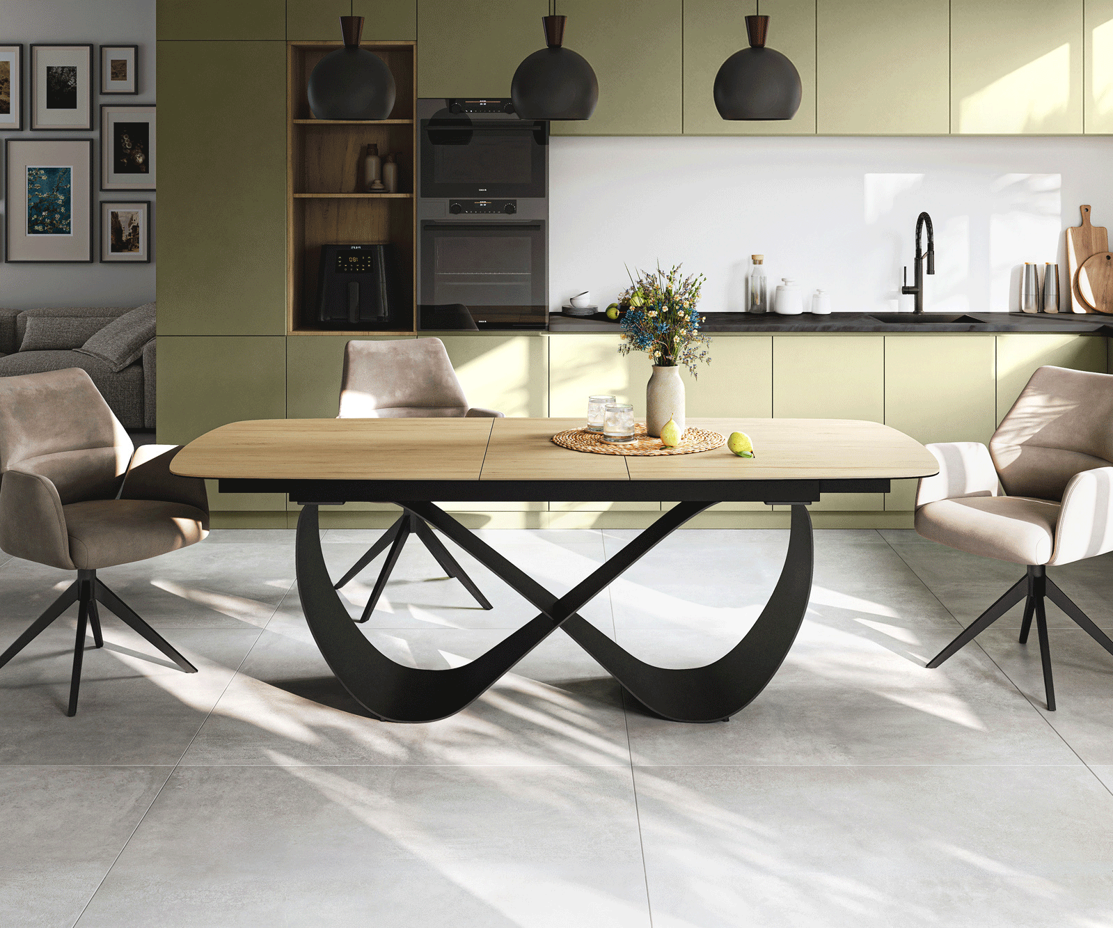 Eettafel Edge Boot 180-220x100 cm Keramiek Laminam® Sabbia Eichefarbig Infinity Metaal Zwart uitschuifbaar 2