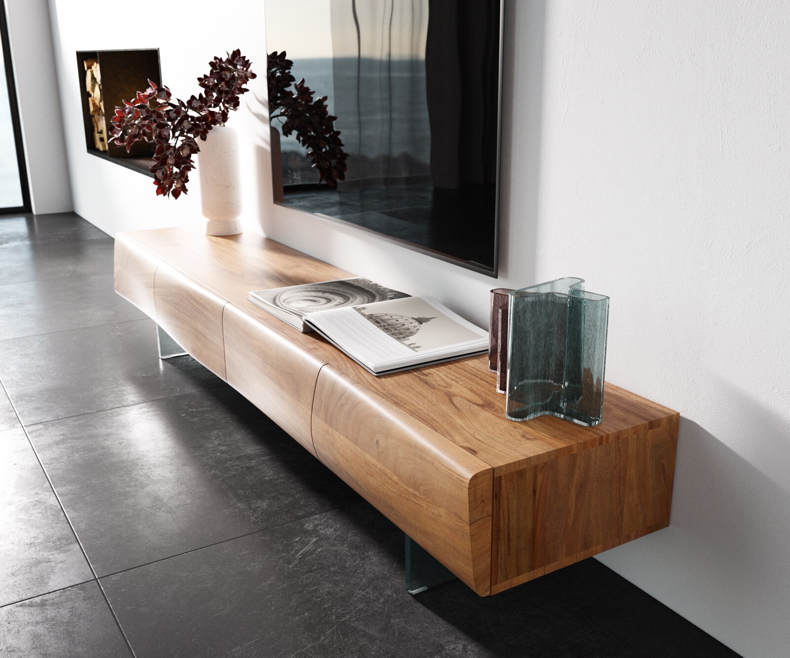 TV-meubel New Live-Edge 200 cm acacia natuur  4 deuren glazen poot 1