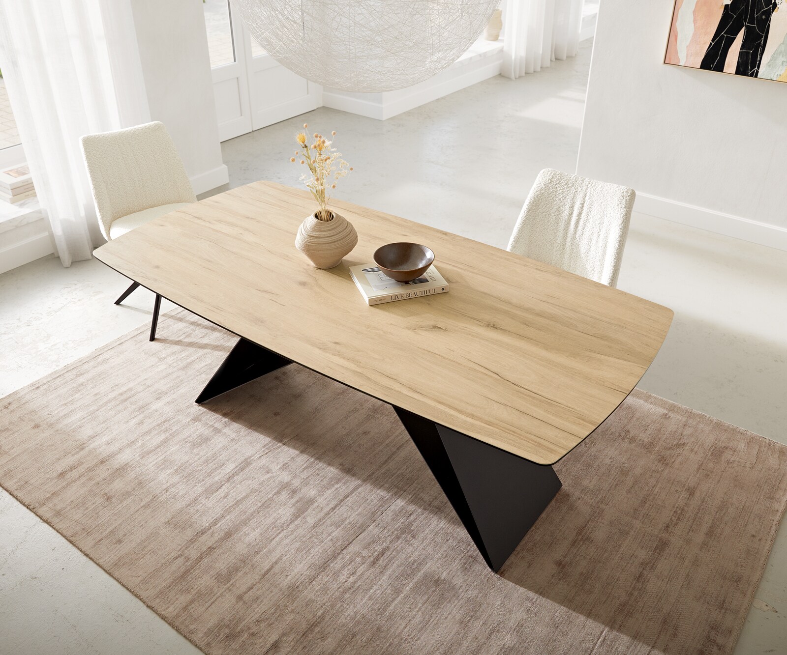 Eetkamertafel Edge Boot 200x100 keramiek Laminam® Sabbia eiken kleur V-frame vlak staal zwart 5