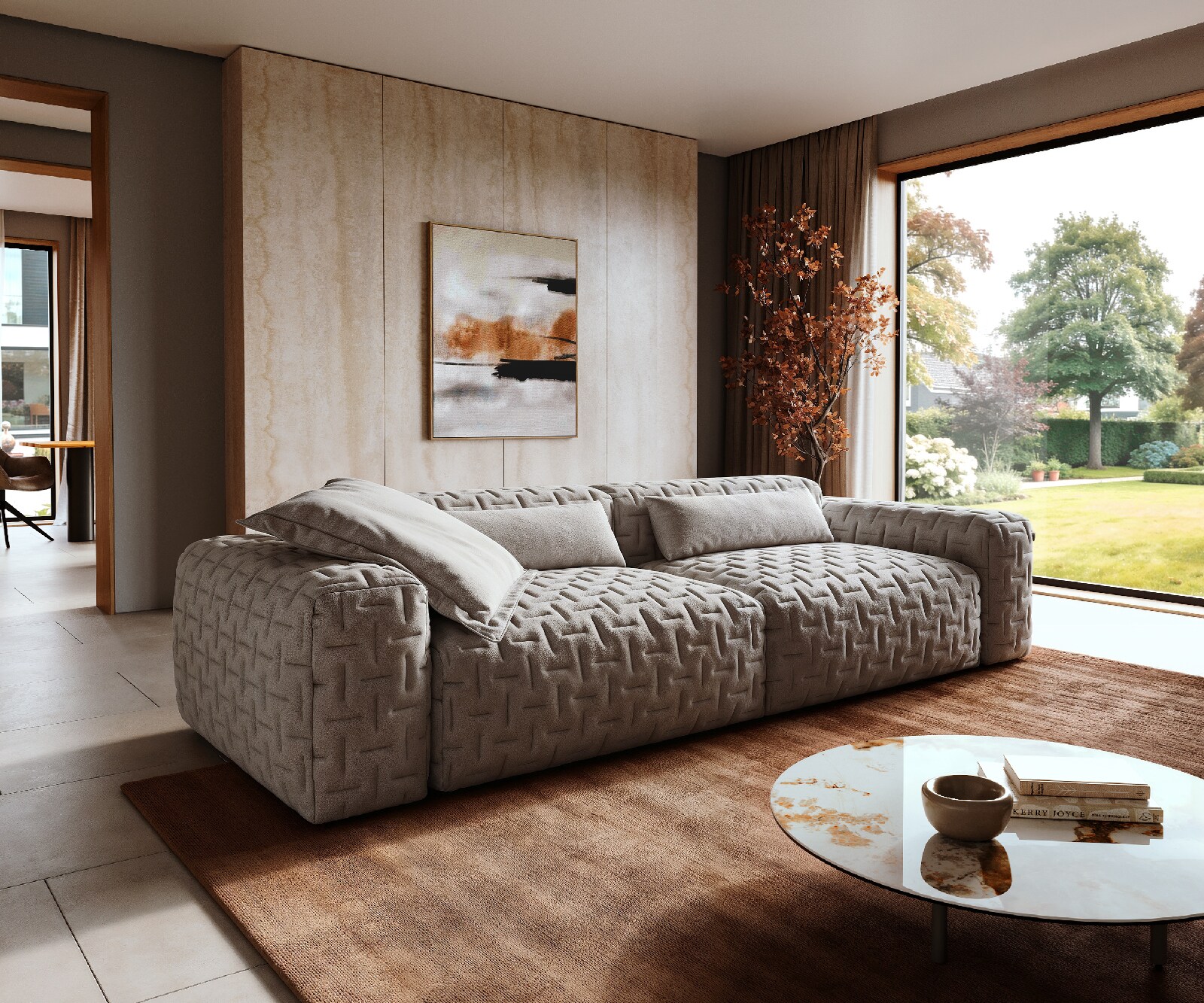Bigsofa Freestyle 280x110 cm Zachte stof met structuur Grijs gestikt