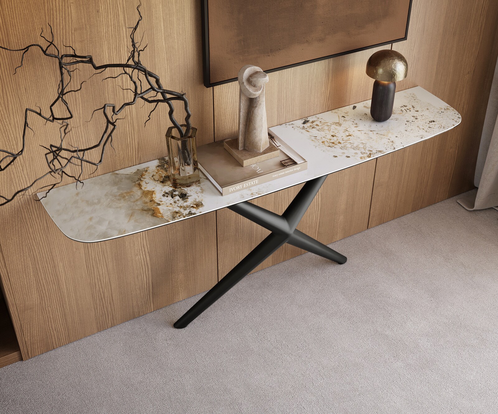 Consoletafel Edge Bootvorm 180x40 cm Keramiek Minas Melange Weiß-Beige Estelo Metaal Zwart 2