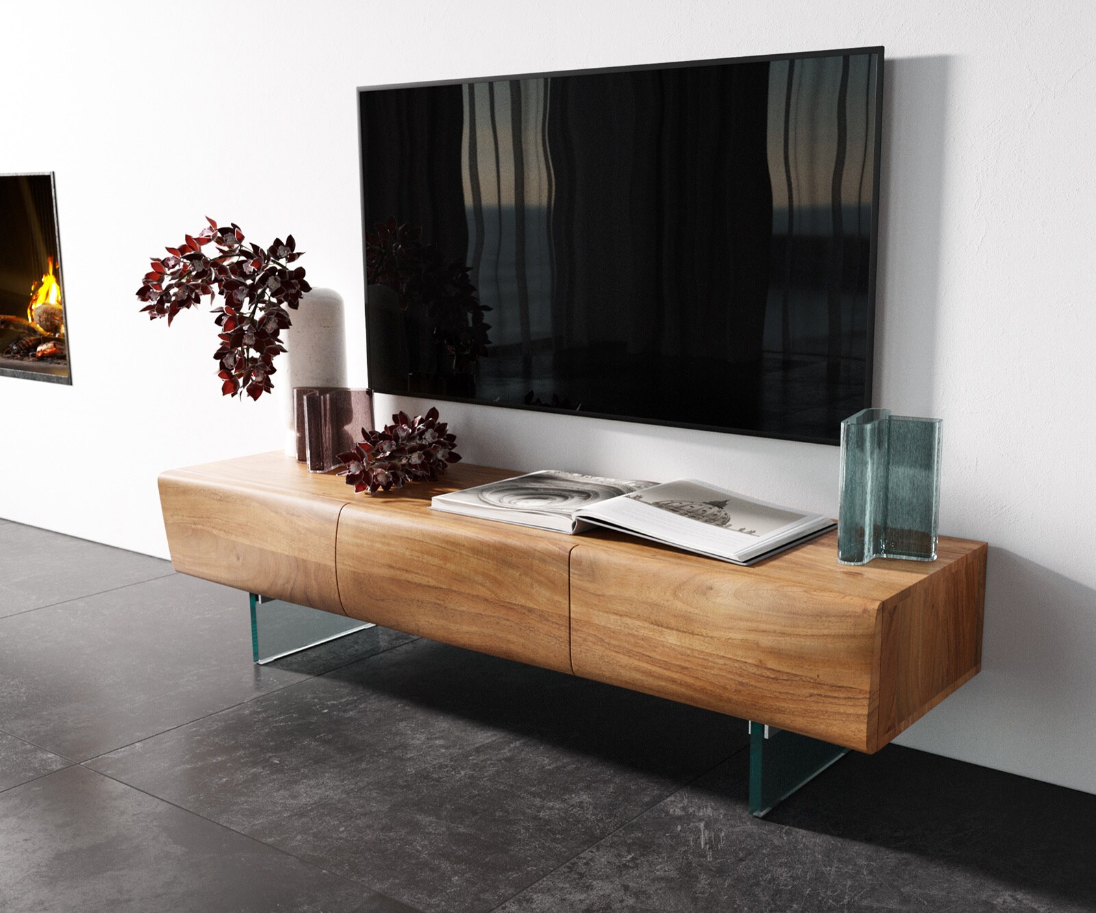 TV-meubel New Live-Edge 145 cm Akazie natuur 3 deuren glazen poot