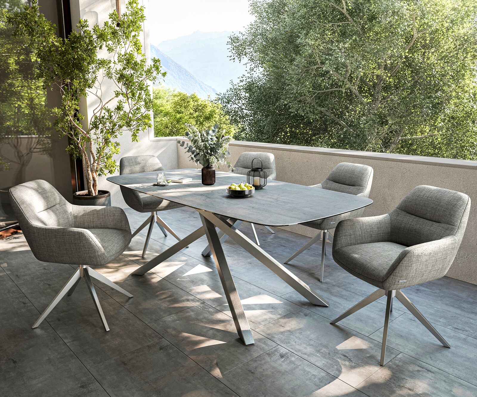 Outdoortafel Edge boot 200x100 cm keramiek beton grijs kruisframe rechthoekig roestvrij staal 7