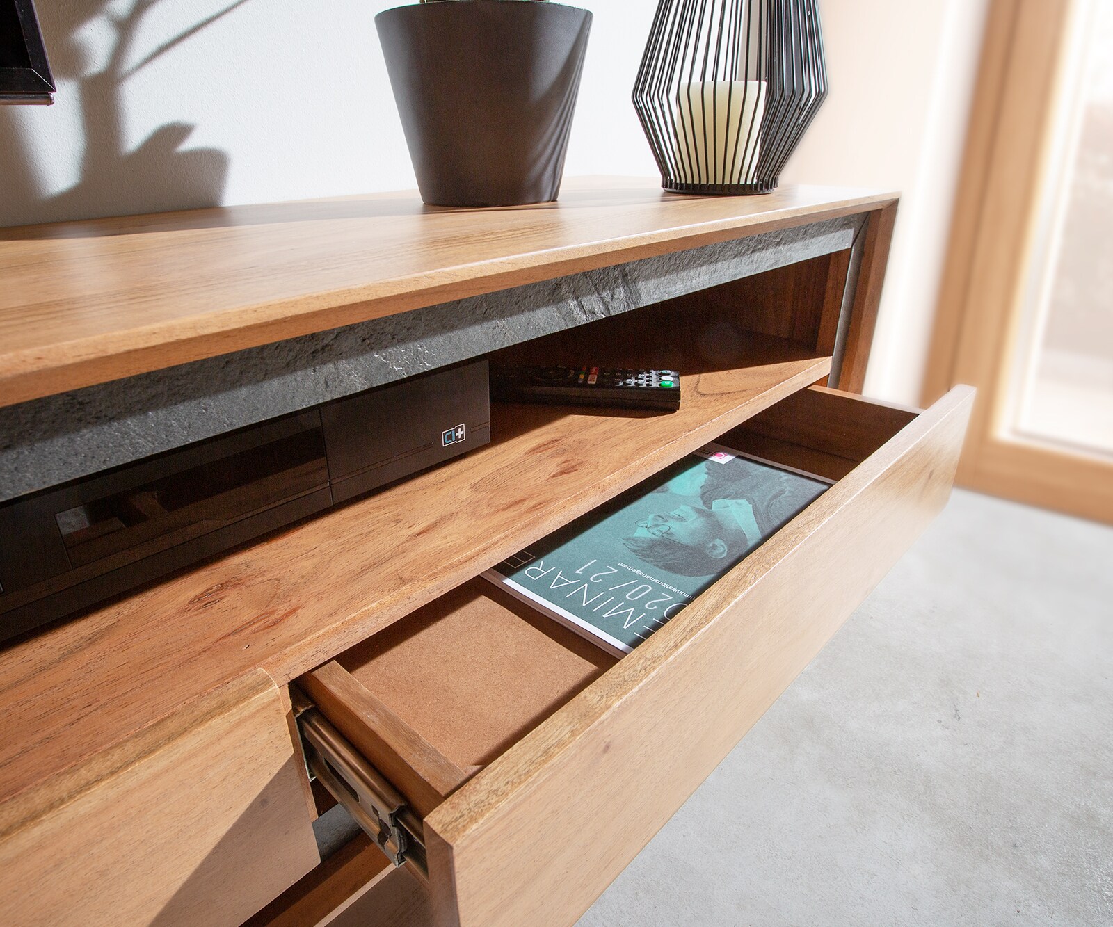 Tv-meubel Stonegrace 240 cm acacia natuur 2 deuren 1 legplank 2 laden steenfineer zwevend 3