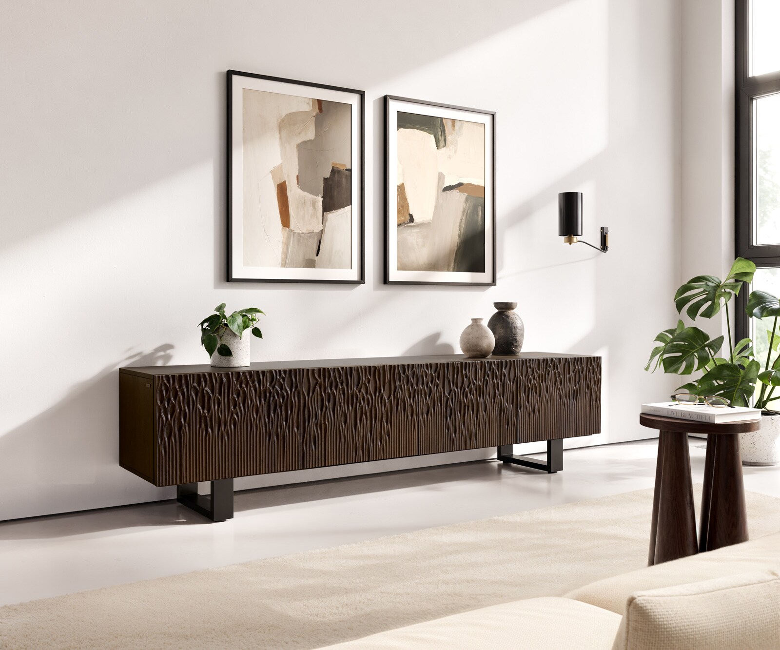 TV-meubel Follia 200 cm mango bruin 4 deuren metalen sledepoten zwart
