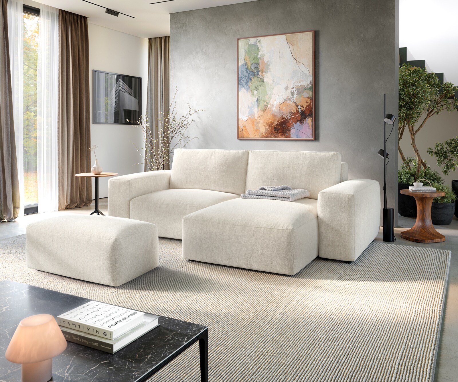 Hoekbank Lanzo 230x155 cm Zachte structuurstof Beige Chaise longue variabel met hocker