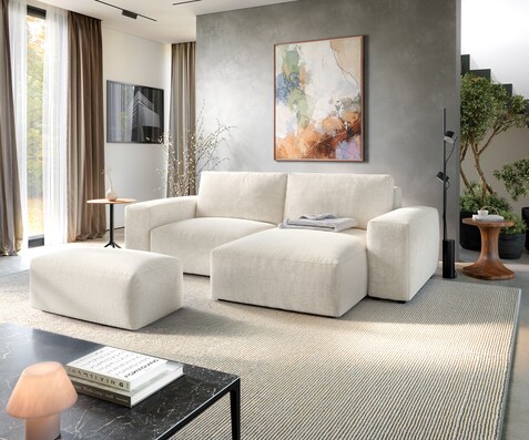 Hoekbank Lanzo 230x155 cm Zachte structuurstof Beige Chaise longue variabel met hocker