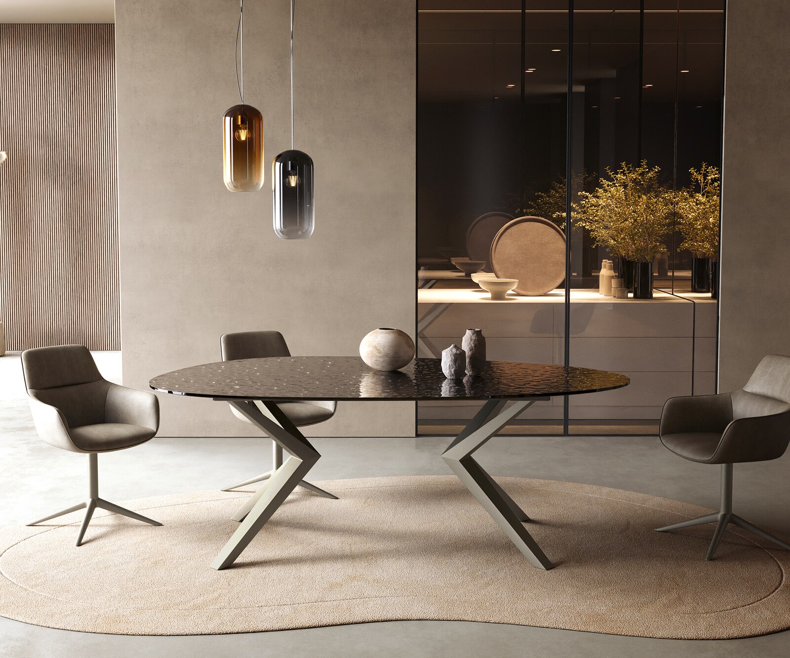 Eetkamertafel Edge ovaal 220x120 reliëfglas Rauchzwart 3D-Design Zenthara hoekig metaal effectafwerking titaan 1