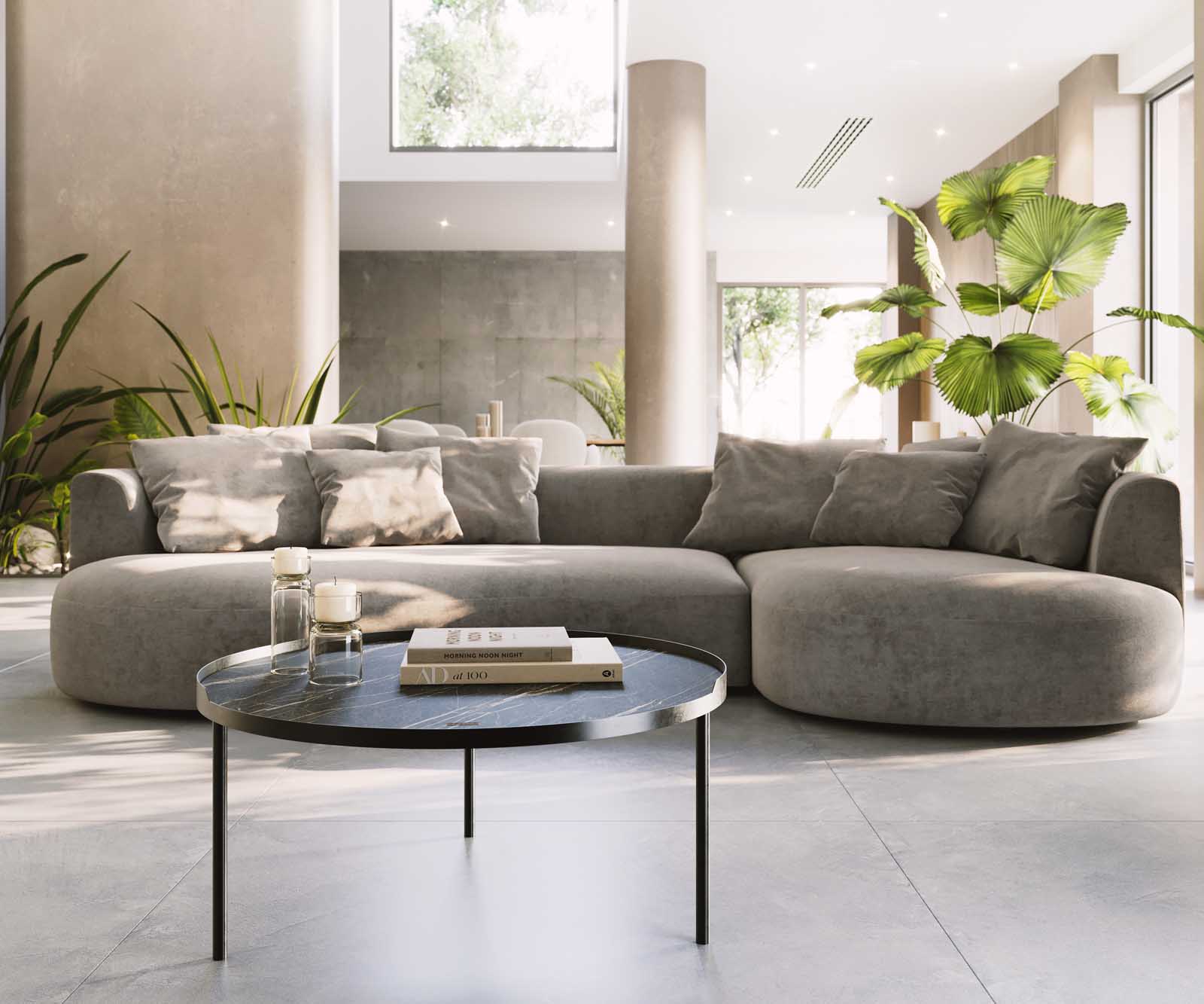 Salontafel Torell 80x80 cm keramiek Laminam®Noir Desir Bruin Metalen onderstel Effectafwerking Titanium 2