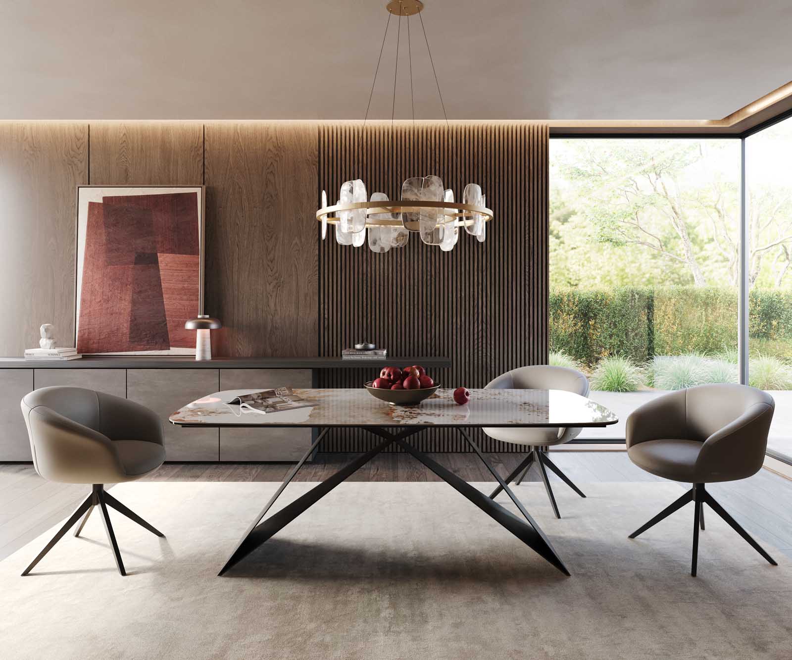 Eetkamertafel Edge Boot 200x100 keramiek Minas Melange wit-beige V-frame vlak staal zwart 1