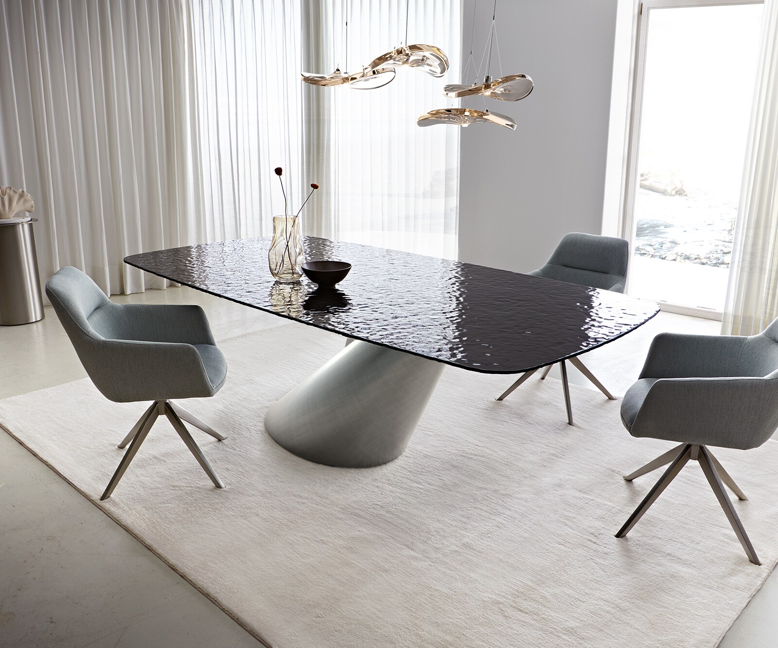 Eettafel Edge Boot 240x120 Reliefglas zwart 3D-Design Cono metaal zilver 1