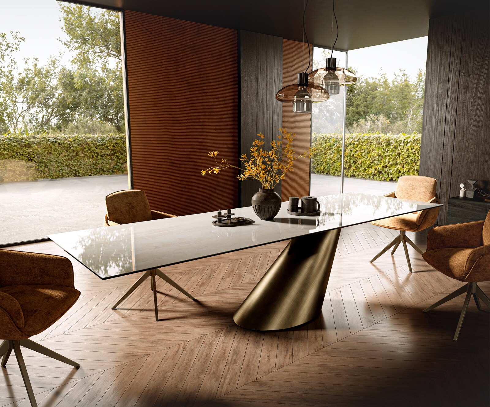 Eettafel Edge 300x100 cm keramiek Onyx Champagne Cono metallic goud