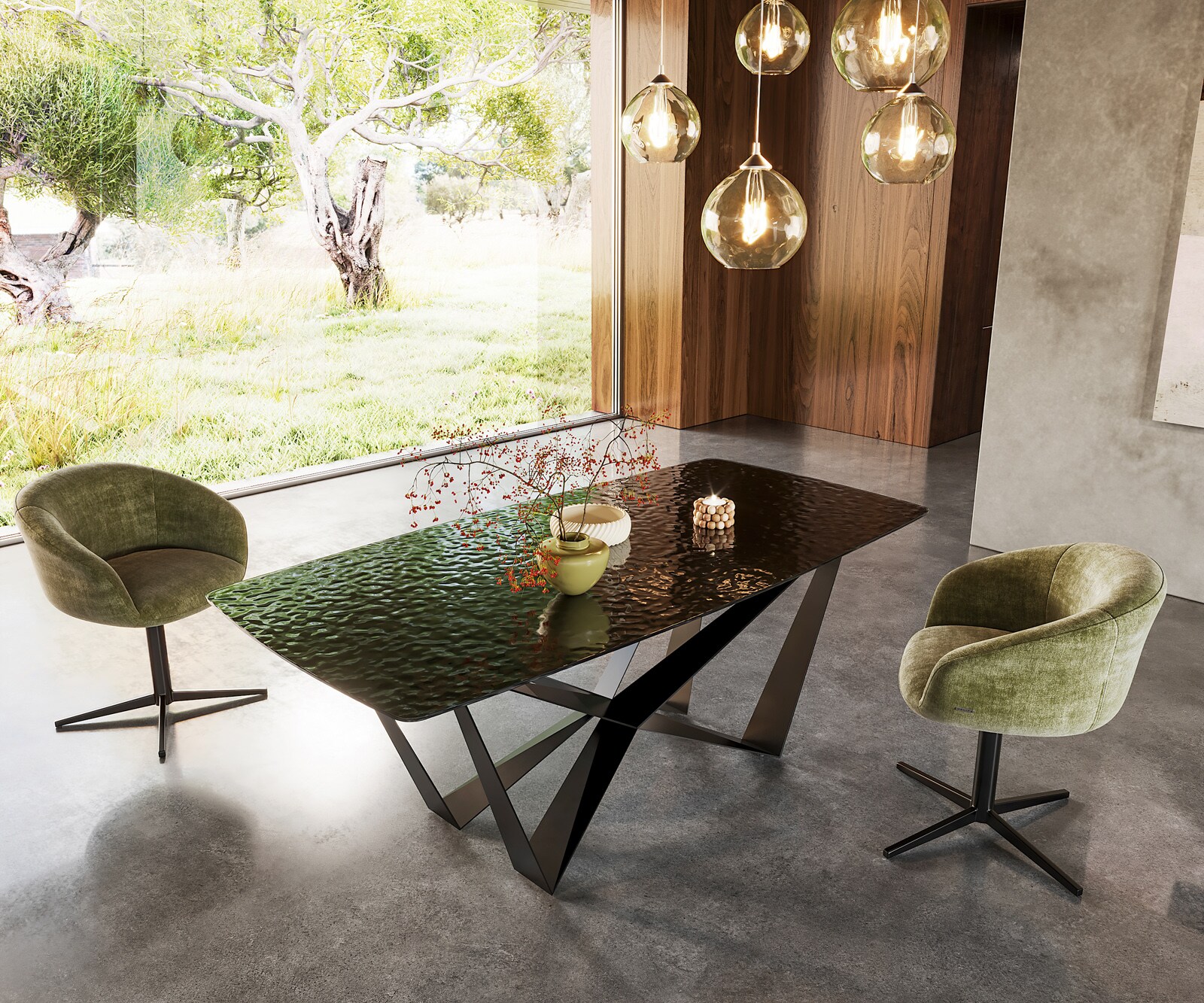 Eetkamertafel Edge Boot 200x100 Glas smelten rokerig zwart 3D-Relief spider vlak staal zwart