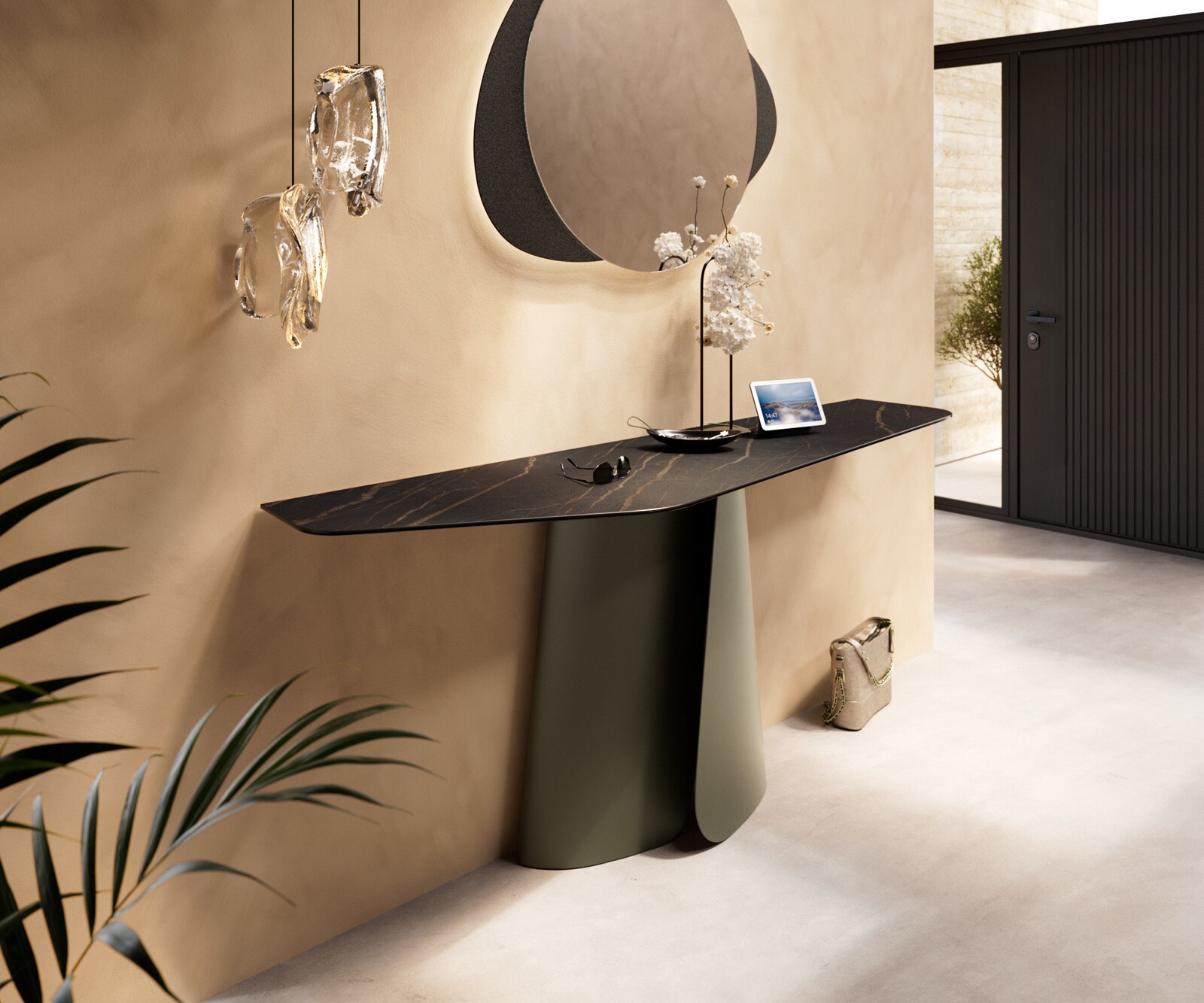 Consoletafel Edge Polygonaal 180x50 cm Keramiek Laminam® Noir Desir Braun Livos Metaal Effektfinish Titan 4