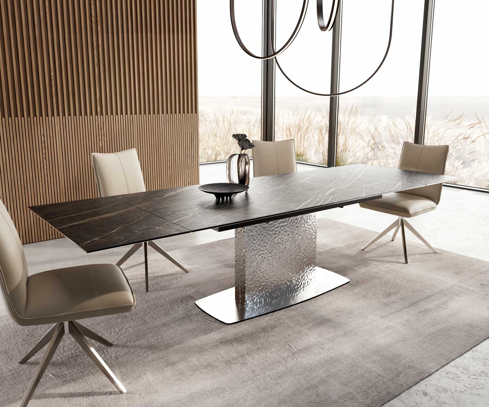 Eetkamertafel Edge 200-300x100 keramiek Laminam®Noir Desir bruin Wave RVS uitschuifbaar 6