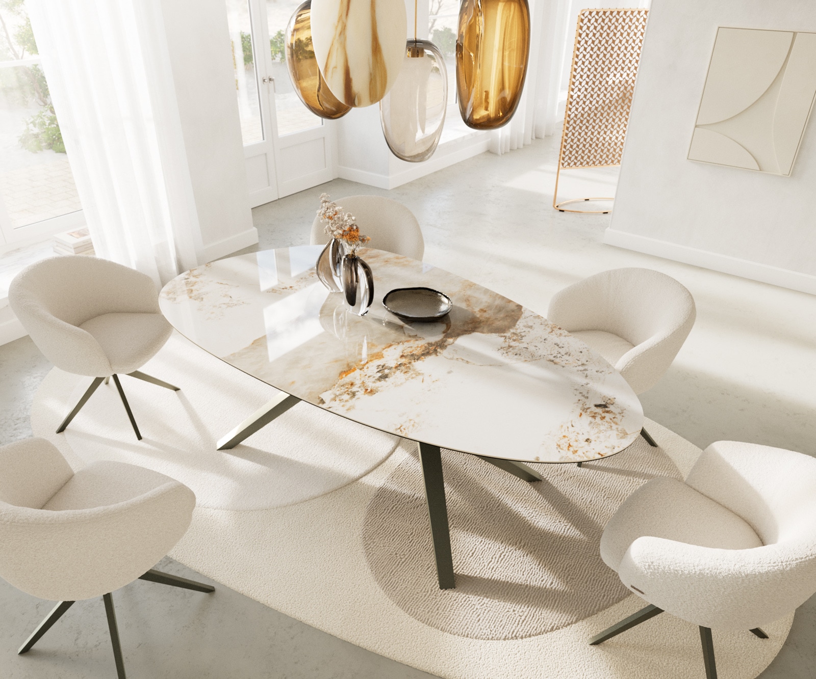 Eetkamertafel Edge ovaal 220x120 keramiek Minas Melange wit-Beige Zenthara hoekig metaal effectafwerking titaan 4