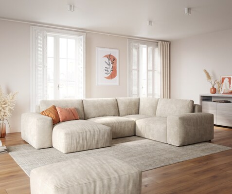 Woonlandschap Lanzo 300x210 cm ribcord beige met variabele recamière en hocker