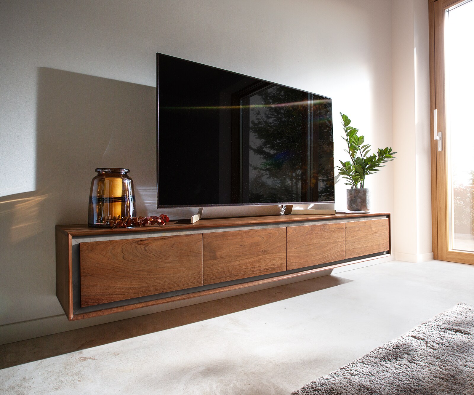 Tv-meubel Stonegrace 200 cm acacia bruin steenfineer 4 deuren zwevend