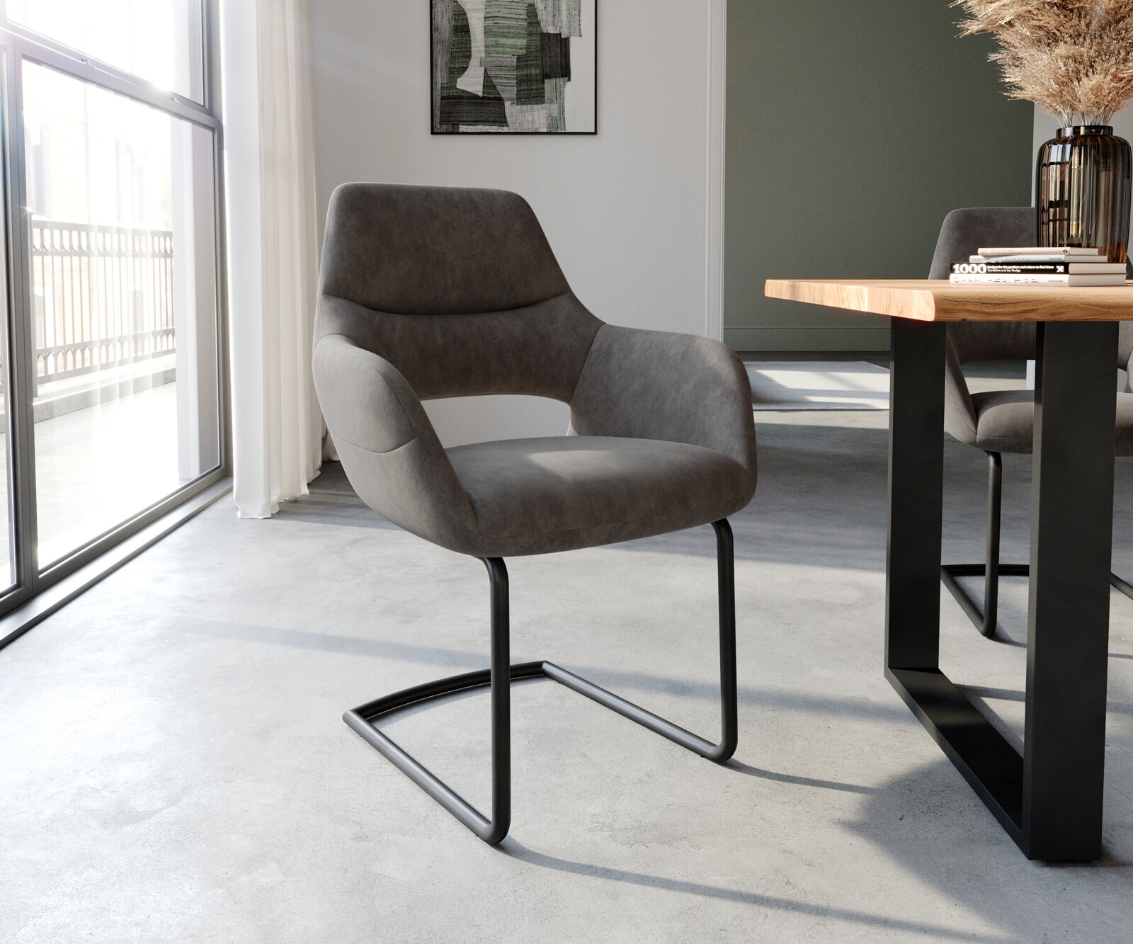Sledemodel Yago-Flex met armleuning microvelours antraciet vintage sledemodel rond zwart pocketveer kern 1