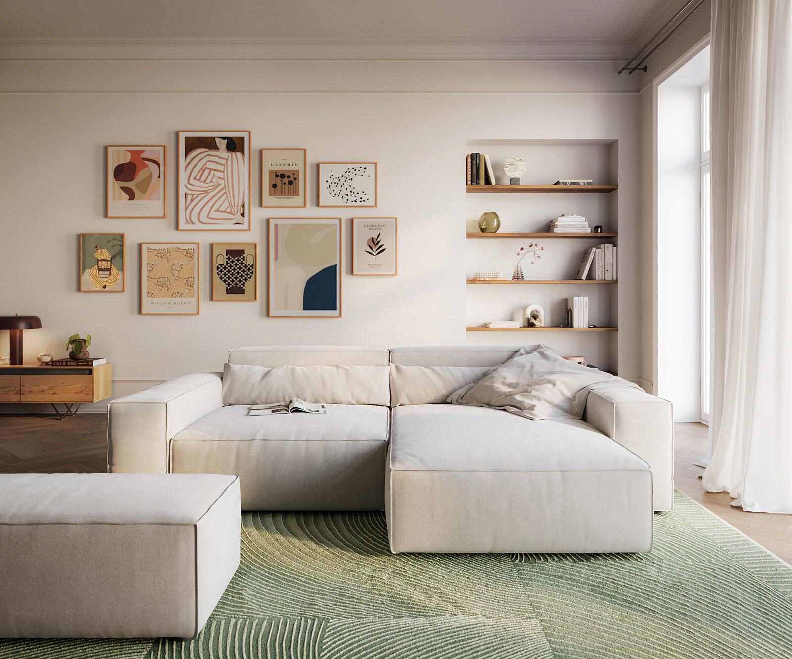 Hoekbank Sirpio XL 270x170 cm Zachte structuurstof Beige Chaise longue variabel met hocker 1