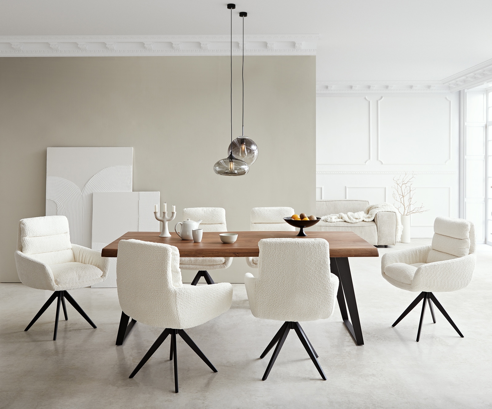 Eetkamerstoel Abelia-Flex met armleuning bouclé wit kruisframe hoekig zwart 3 Eetkamerstoel Abelia-Flex met armleuning bouclé wit kruisframe hoekig zwart 3