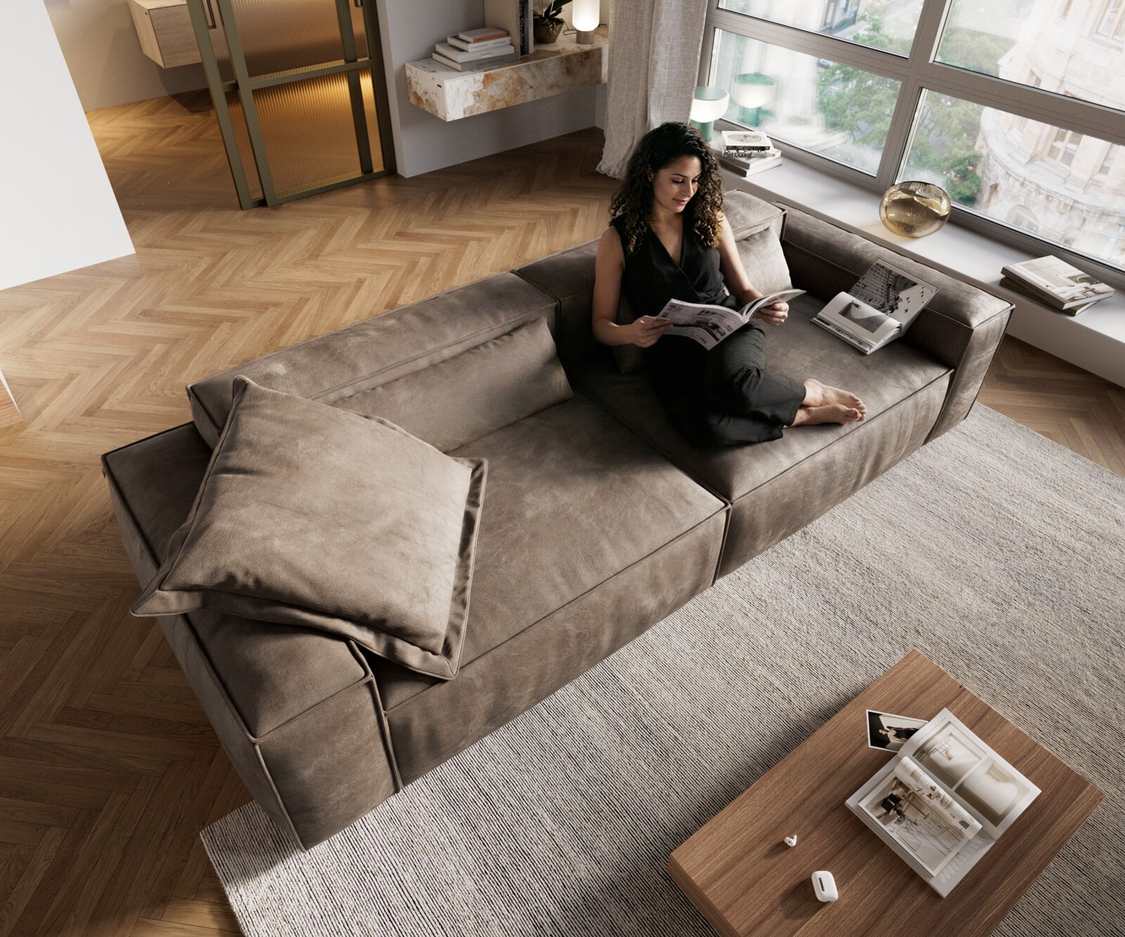 Bigsofa Freestyle 280x110 cm Microvezelmateriaal Taupe Vintage kedernaad 3