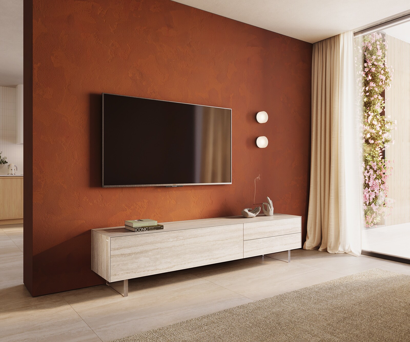 Tv-meubel Cuor 220 cm Keramiek Laminam® Travertino Bianco Crème-wit 1 Flap 2 Laden Zwevende voet look Acrylglas 1