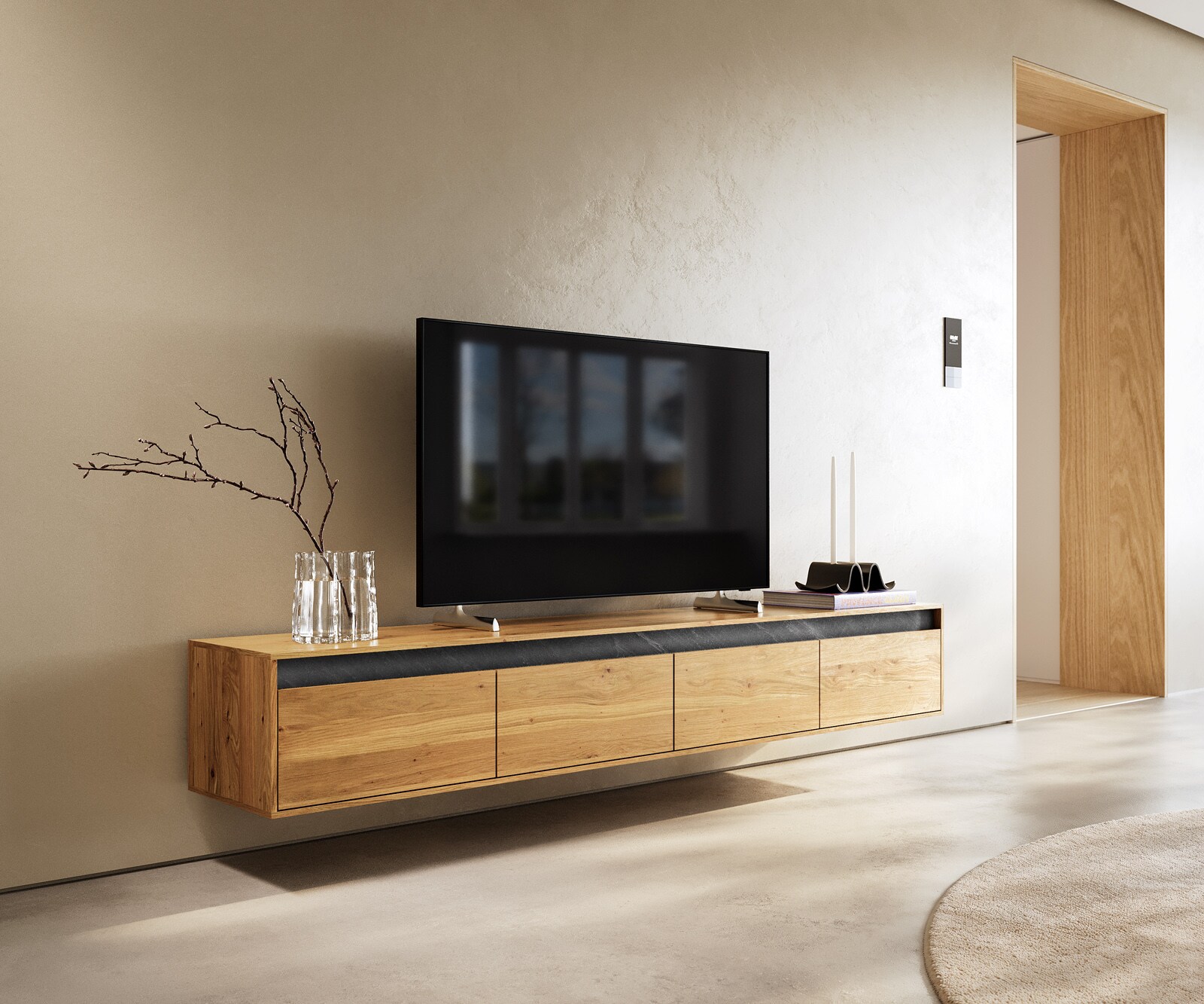 Design-tv-meubel Stonegrace 200 cm eiken natuur leisteen 4 laden zwevend