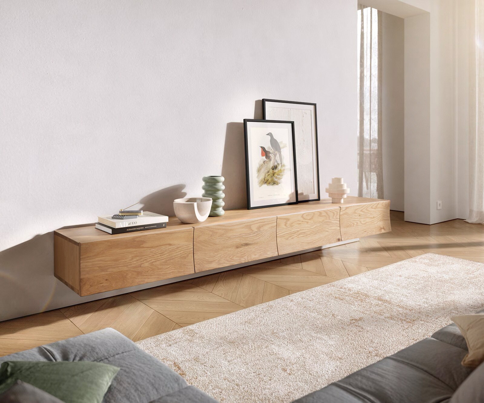 Tv-meubel Wyatt 220 cm eiken natuur 4 laden zwevend