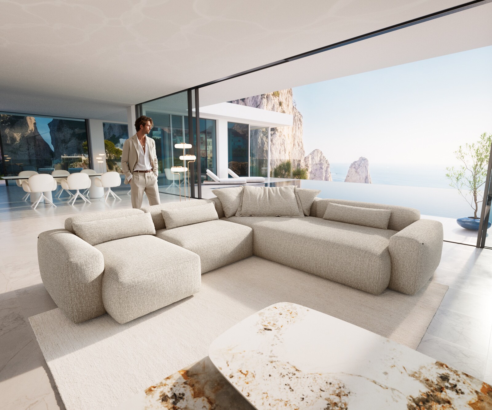 Woonkamer landschap Freestyle 360x290 cm Zachte Geweven stof Beige kapnaad