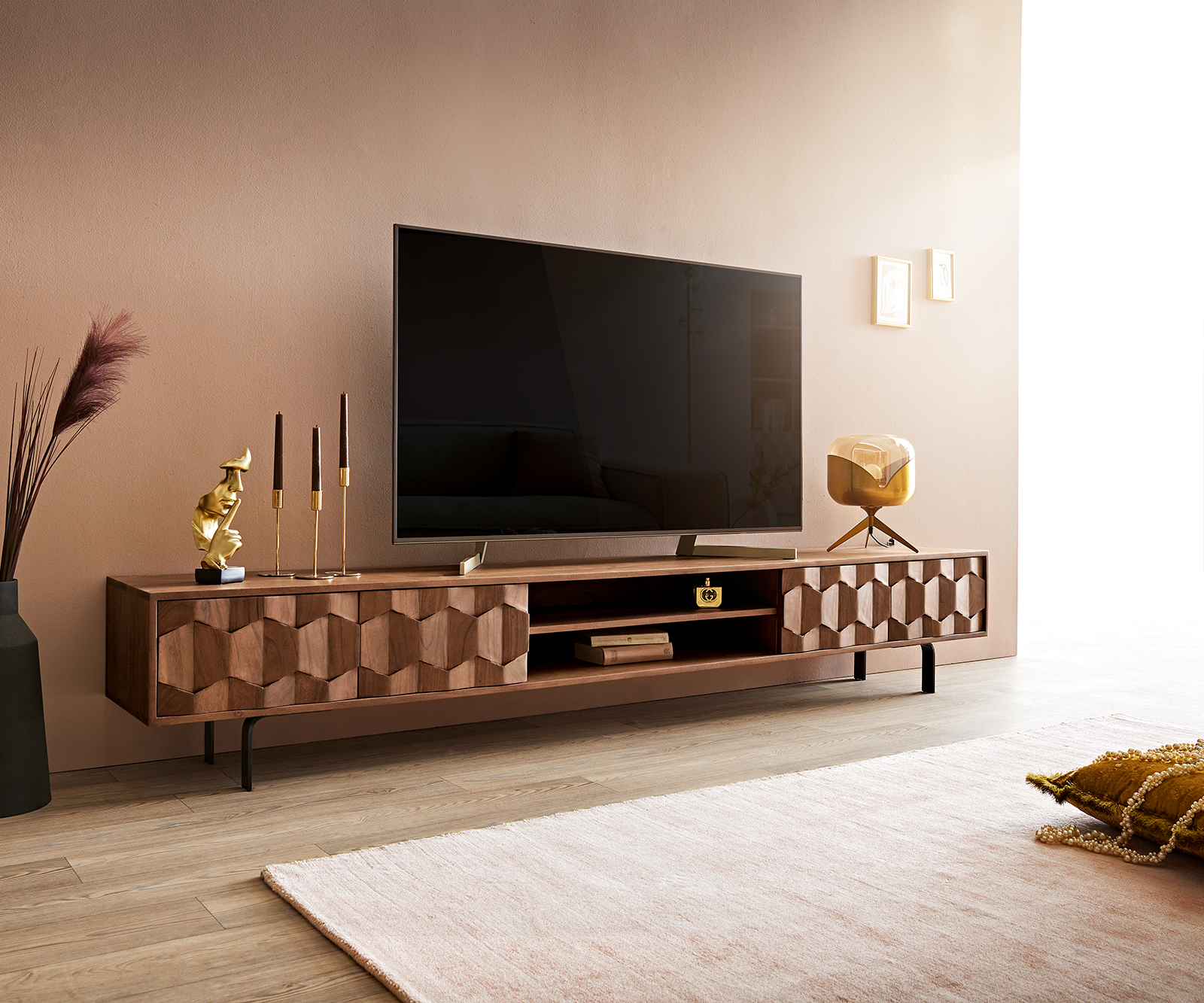 Tv-meubel Fevo 240 cm acacia bruin 4 deuren L-poot