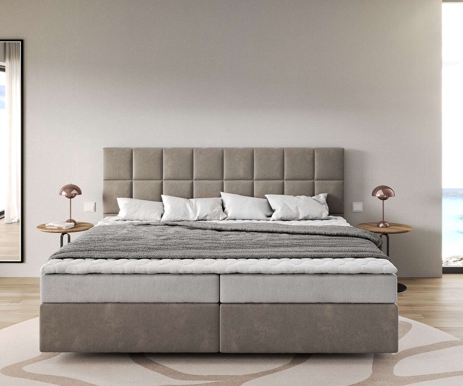 Boxspringbed Dream-Fijn microvezel beige 200x200 cm Bonell matras PU topper 1