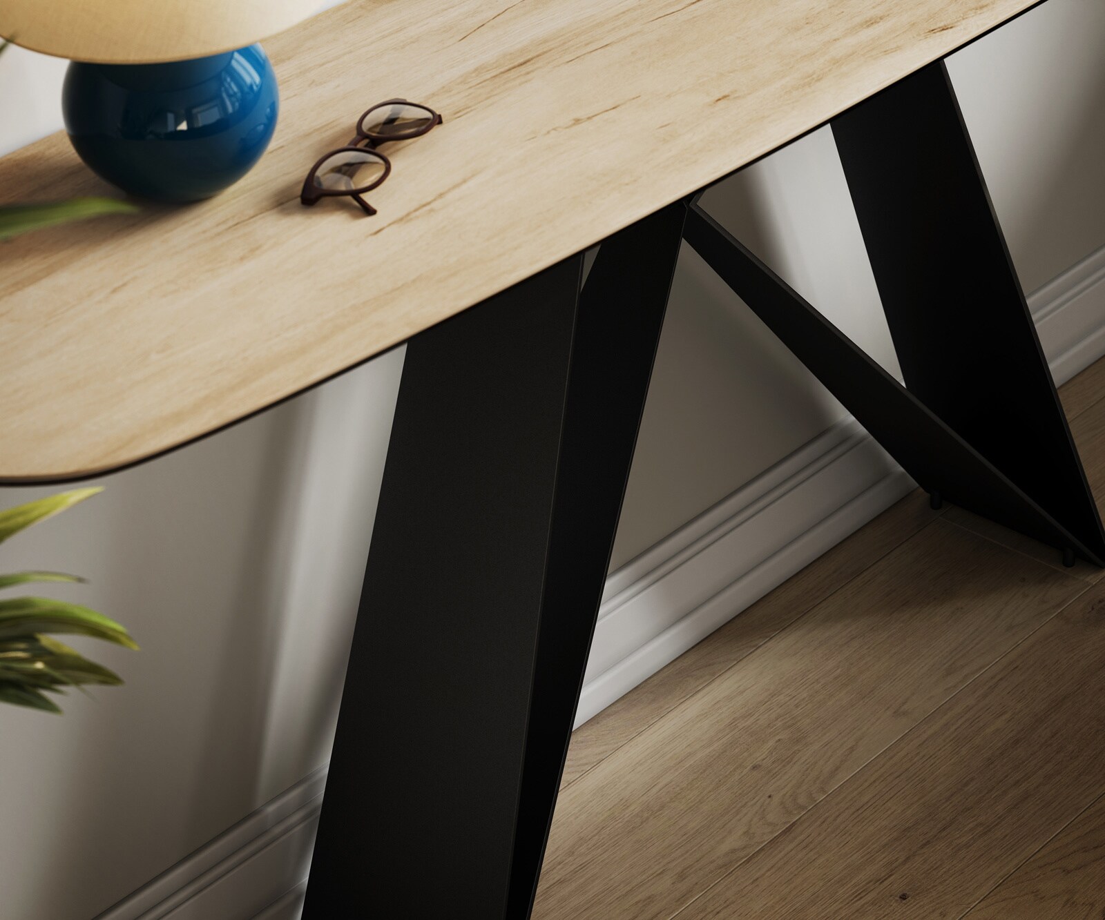 Consoletafel Edge Bootvorm 180x40 cm Keramiek Laminam® Sabbia Eichefarbig Velio Metaal Zwart 6