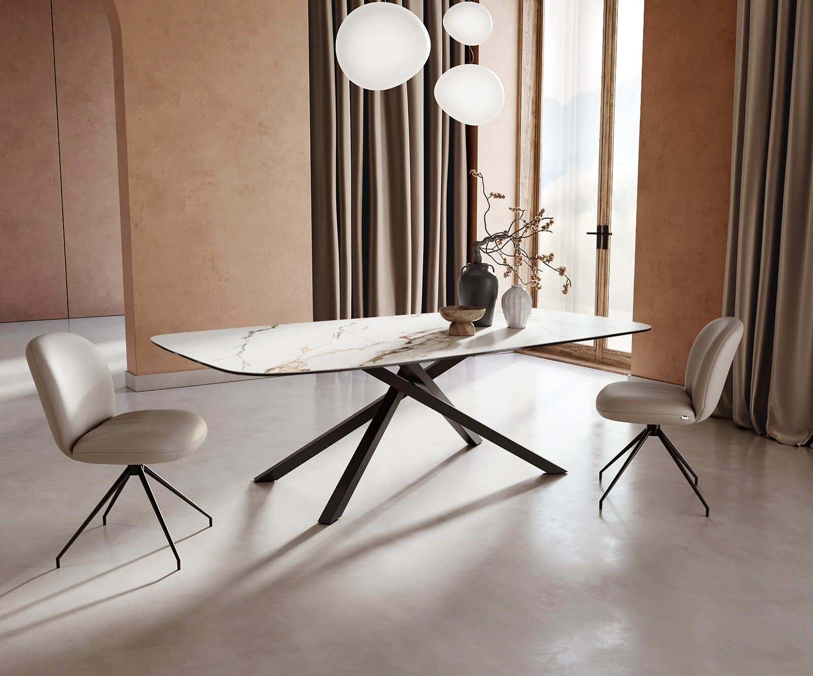 Eetkamertafel Edge Boot 240x120 keramiek Calacatta Luxe wit-goud-grijs kruisframe rechthoek zwart 1