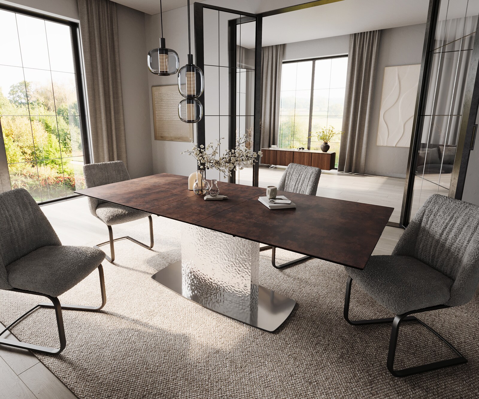 Eettafel Edge 180-220x90 glas antiek-bruin Wave roestvrij staal uitschuifbaar 5