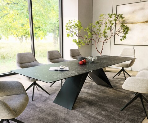 Eettafel Edge 300x100cm Laminam® keramiek grijs V-middenpoot zwart