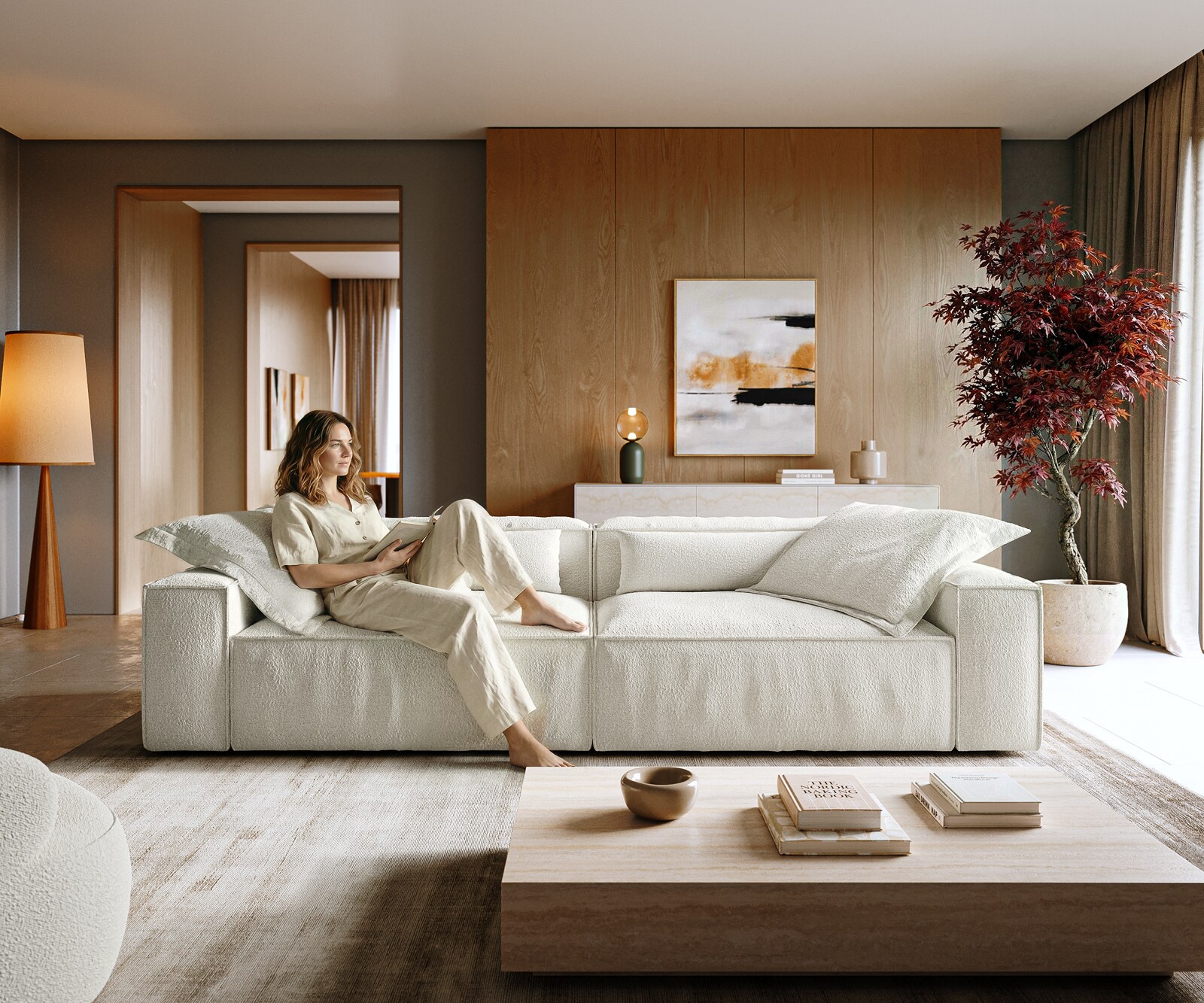 Bigsofa Freestyle 280x110 cm Bouclé Crème-wit kedernaad