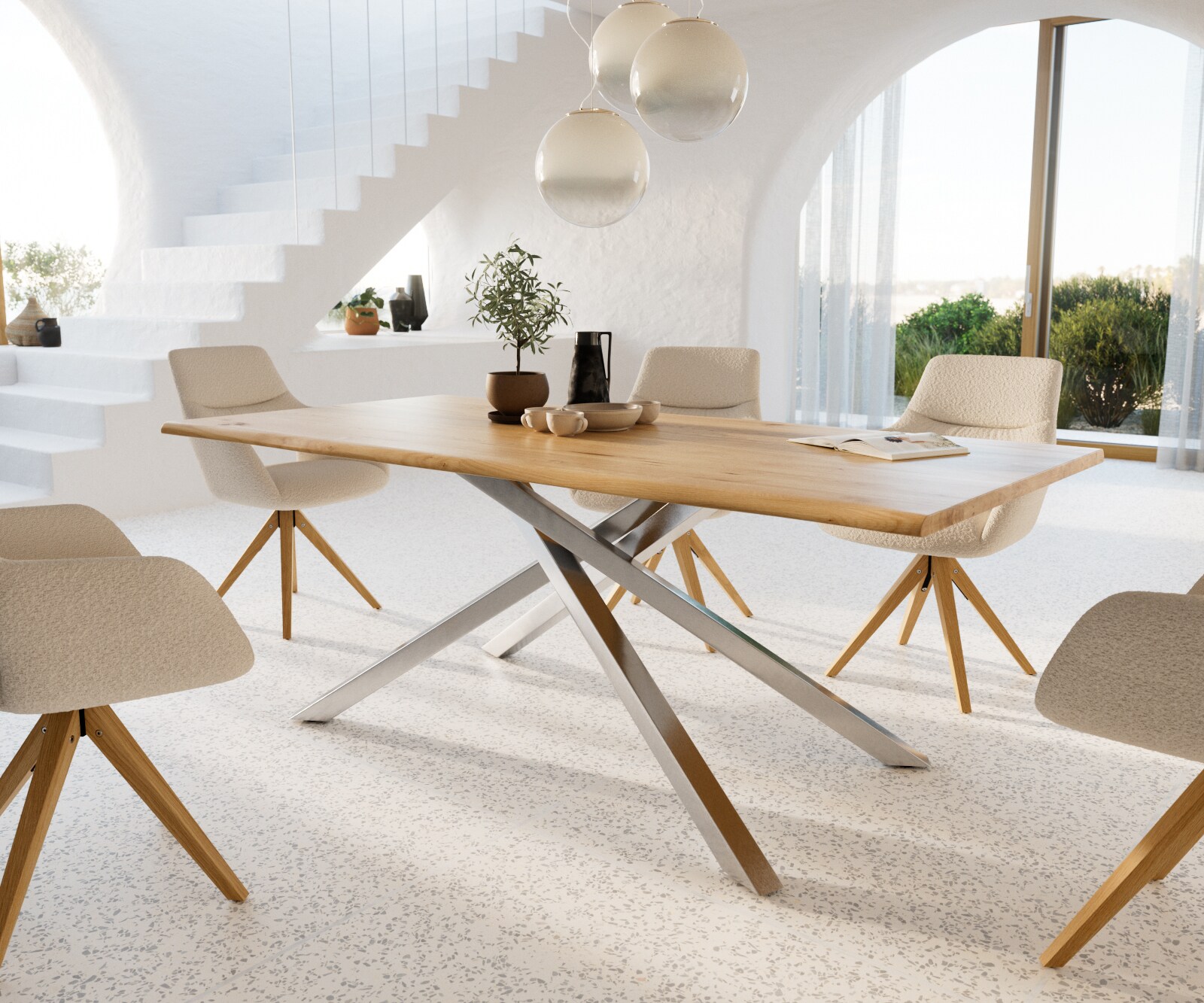 Eettafel Edge 200x100x2,5-3 eiken natuur kruisframe rechthoek roestvrij staal  Live-Edge