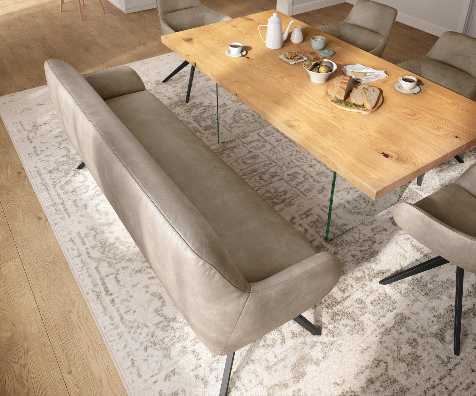 Eetkamerbank Taya-Flex 200 cm microvelours beige vintage hoekig kruisframe zwart pocketvering 3