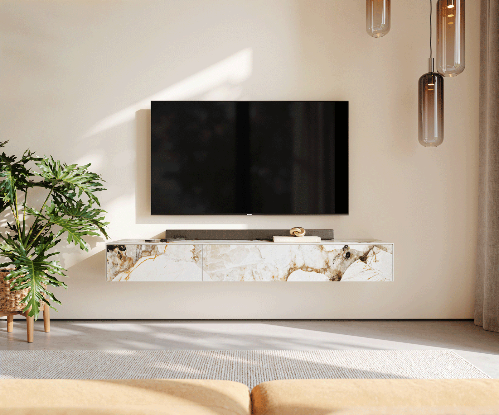 Tv-meubel Cuor 150 cm Keramiek Patagonia gepolijst 1 Flap 1 Laden Zwevend 2