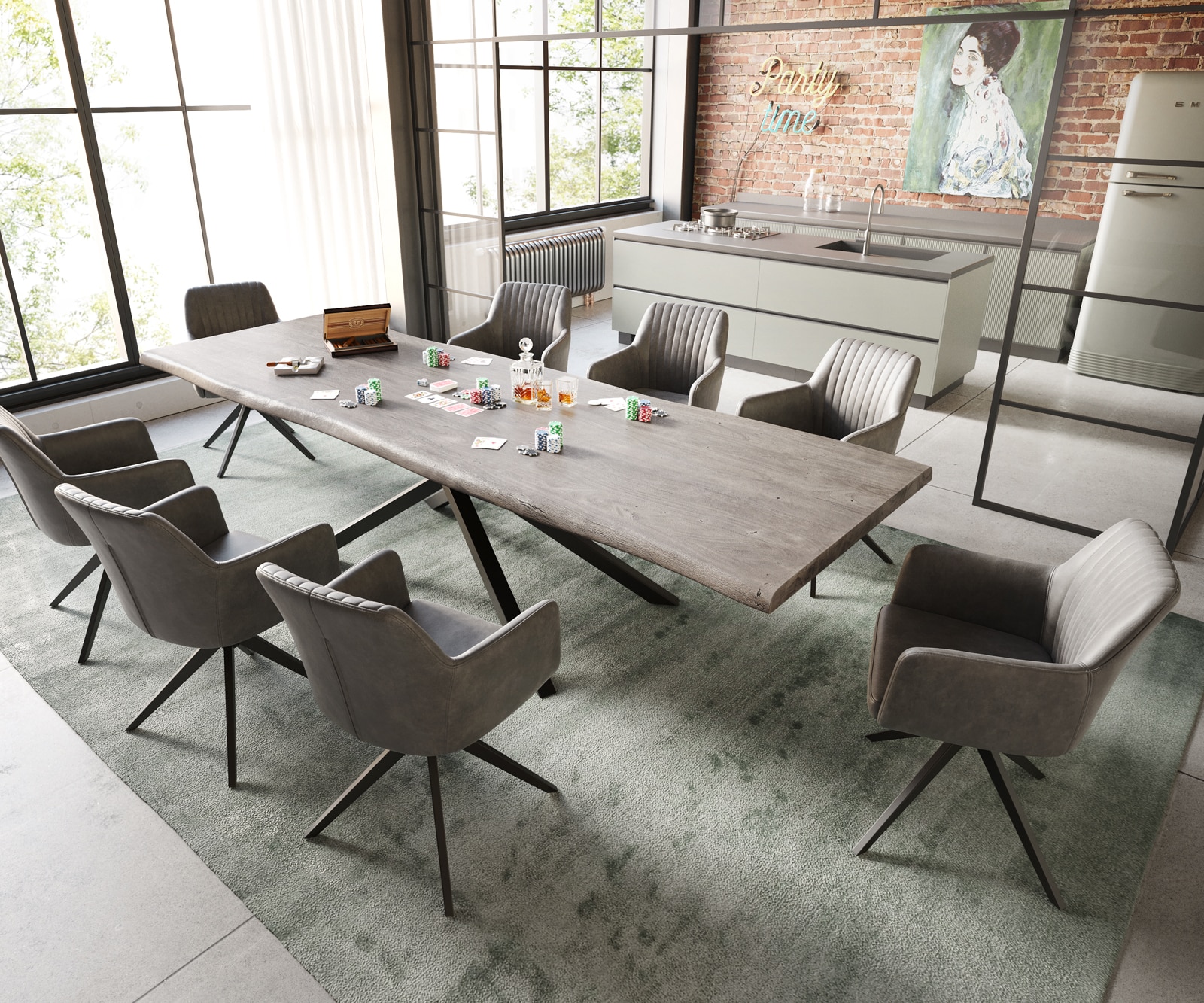 Eettafel Edge 300x100 XL acacia platina  kruisframe rechthoek zwart  Live-Edge 5