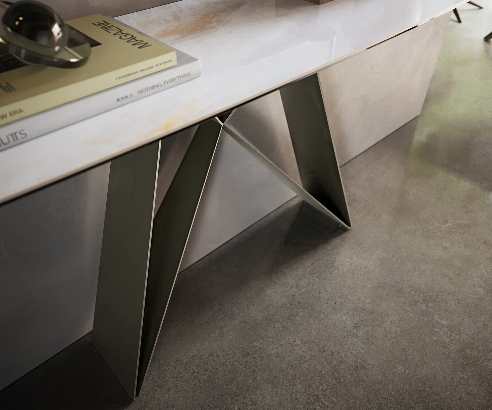 Consoletafel Edge Bootvorm 180x40 cm Keramiek Onyx Pearl Velio Metaal Effektfinish Titan 6