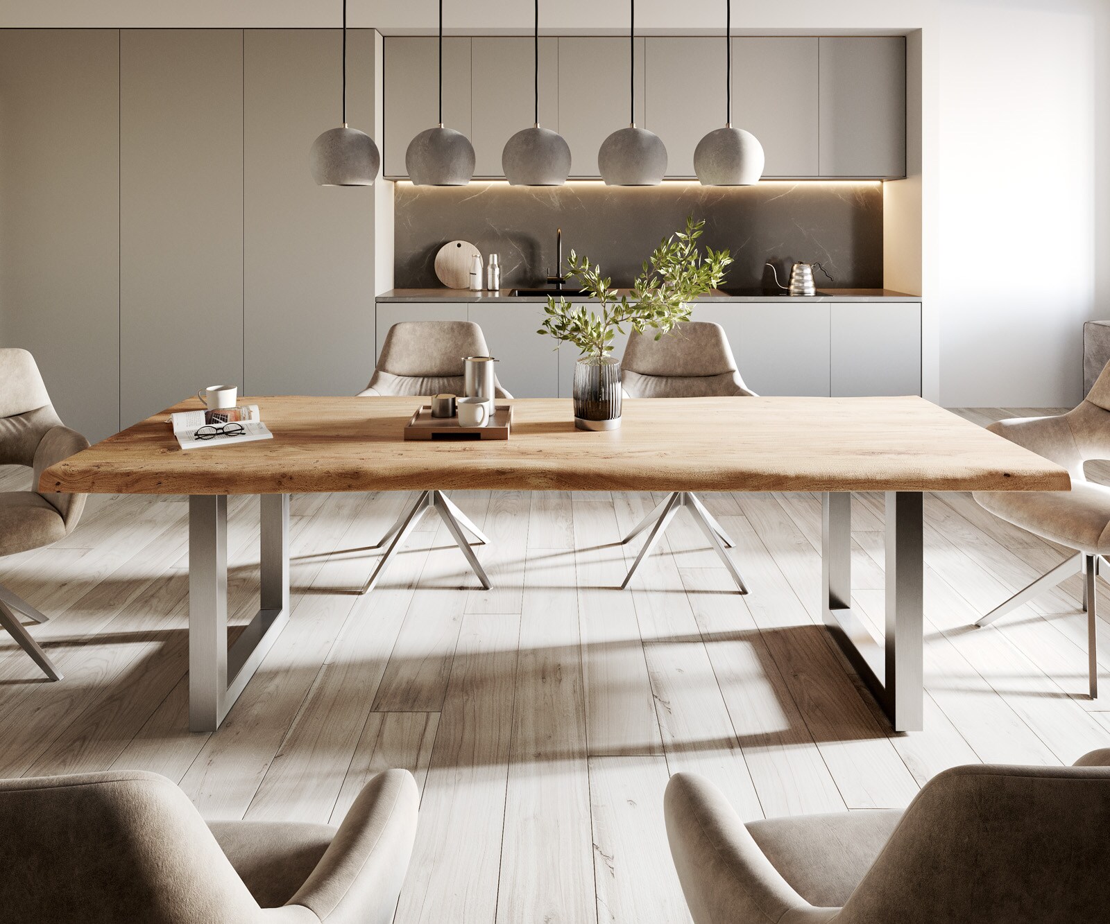 Eettafel Edge 260x100 XL acacia natuur roestvrijstaal breed Live-Edge 2