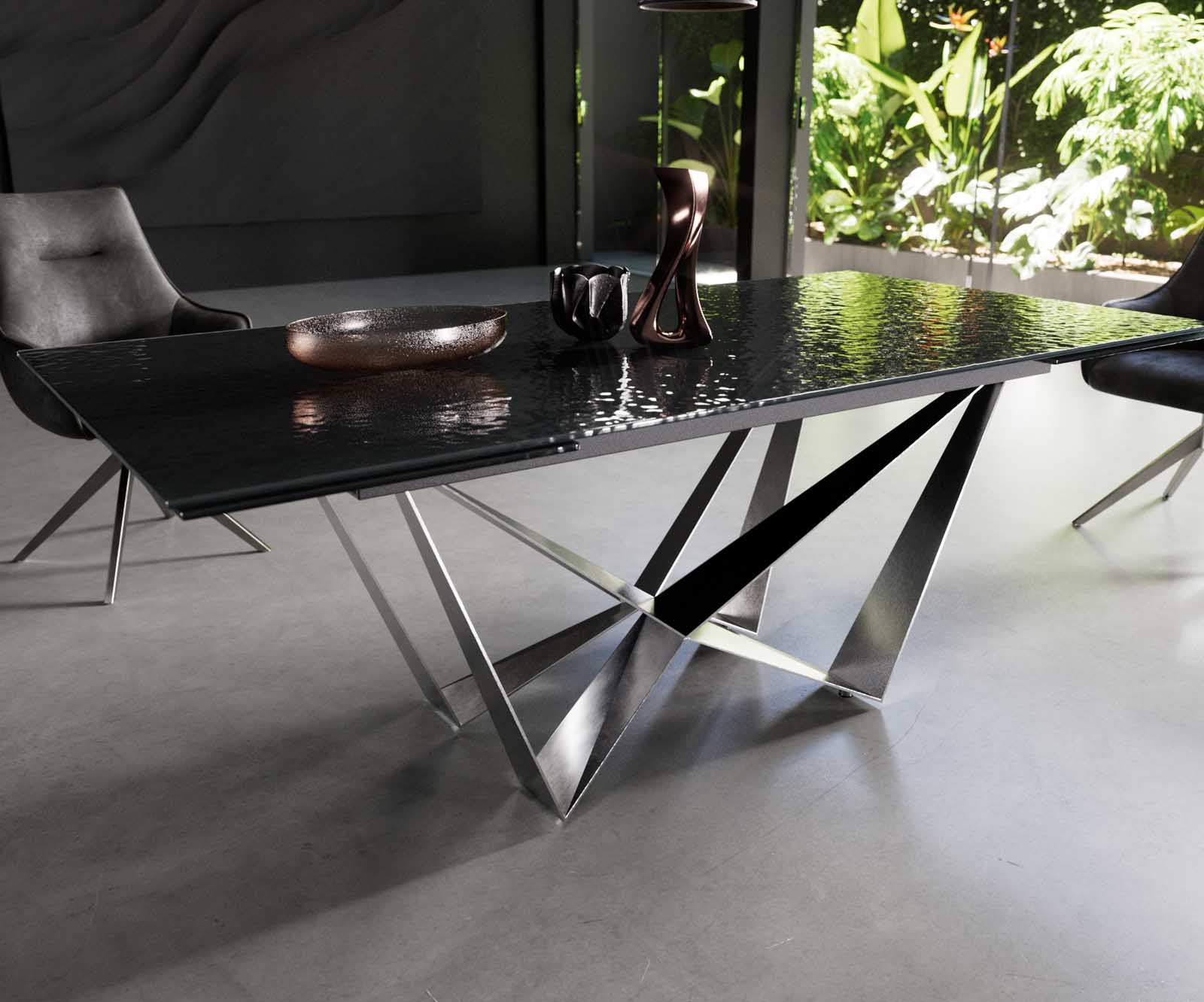 Eetkamertafel Edge 200-300x100 Glas smelten rokerig zwart 3D-Relief spider vlak staal RVS uitschuifbaar 4