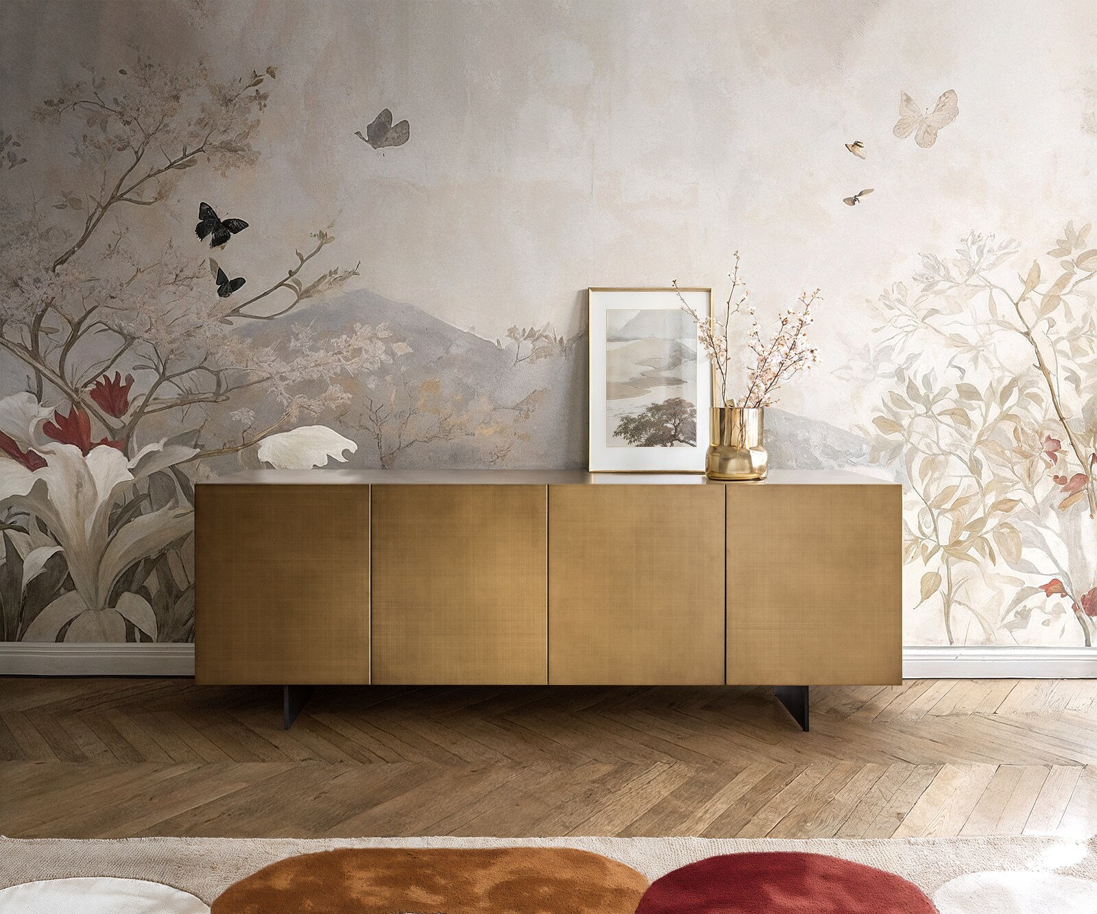 Dressoir Aira 200 cm metallic goud 4 deuren zwevend metaal zwart