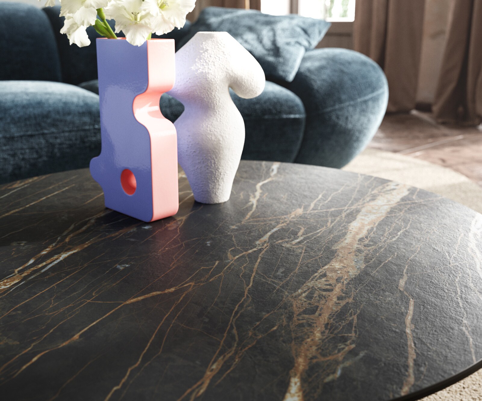 Salontafel Edge rond 90x90 cm keramiek Laminam® Noir Desir bruin Parabi geborsteld roestvrij staal 7