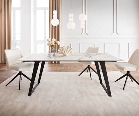 Eetkamertafel Edge 200x100 keramiek Calacatta Luxe wit-goud-grijs metaal schuin zwart