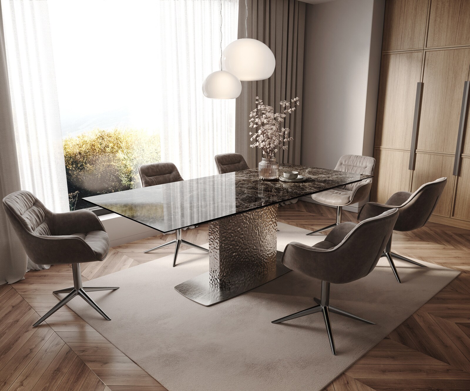 Eetkamertafel Edge 180-220x100 Laminam® Emperador Extra Lucidato donkerbruin Wave roestvrij staal uittrekbaar 7