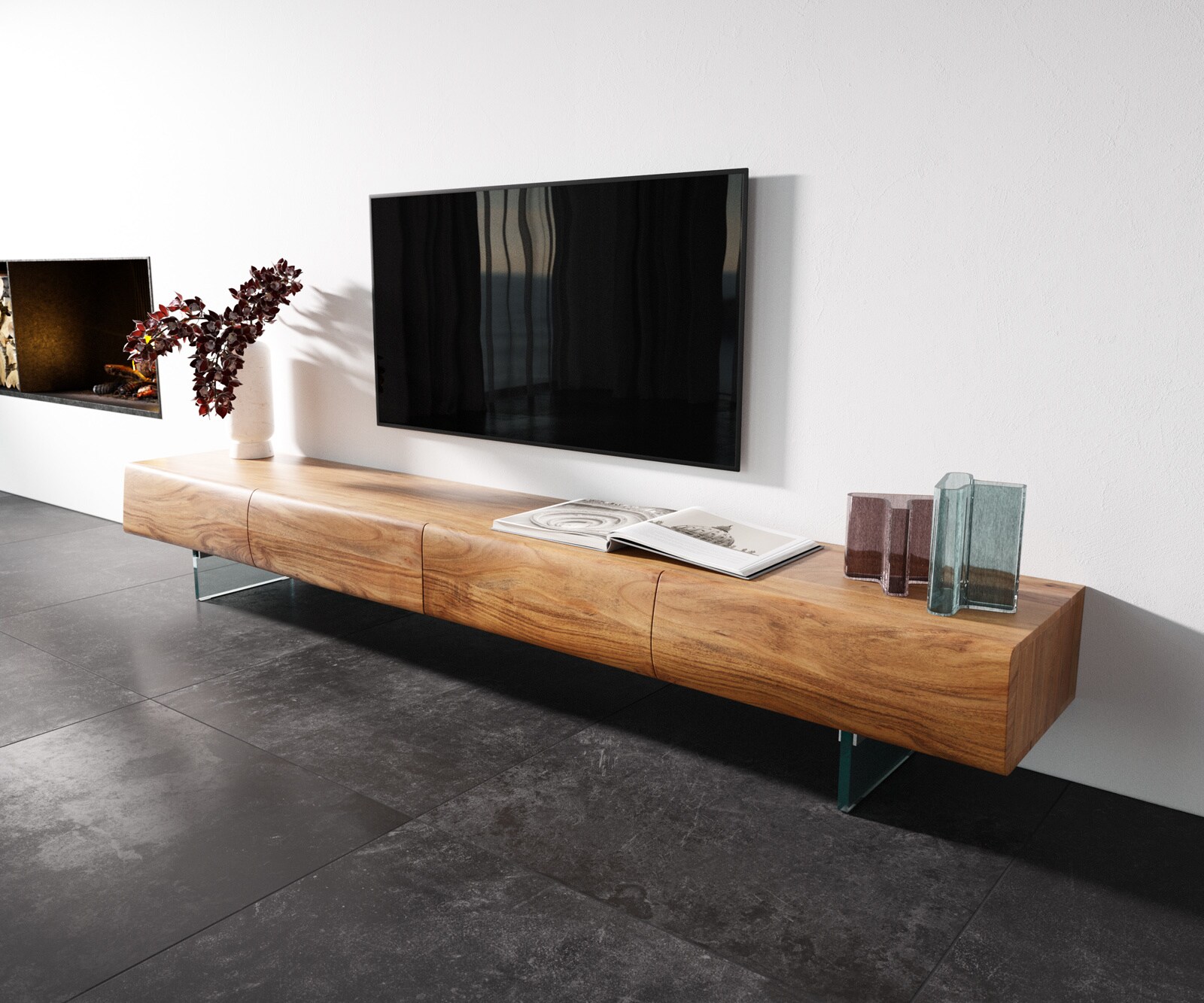 TV-meubel New Live-Edge 240 cm acacia natuur 4 schuifladen glazen poot