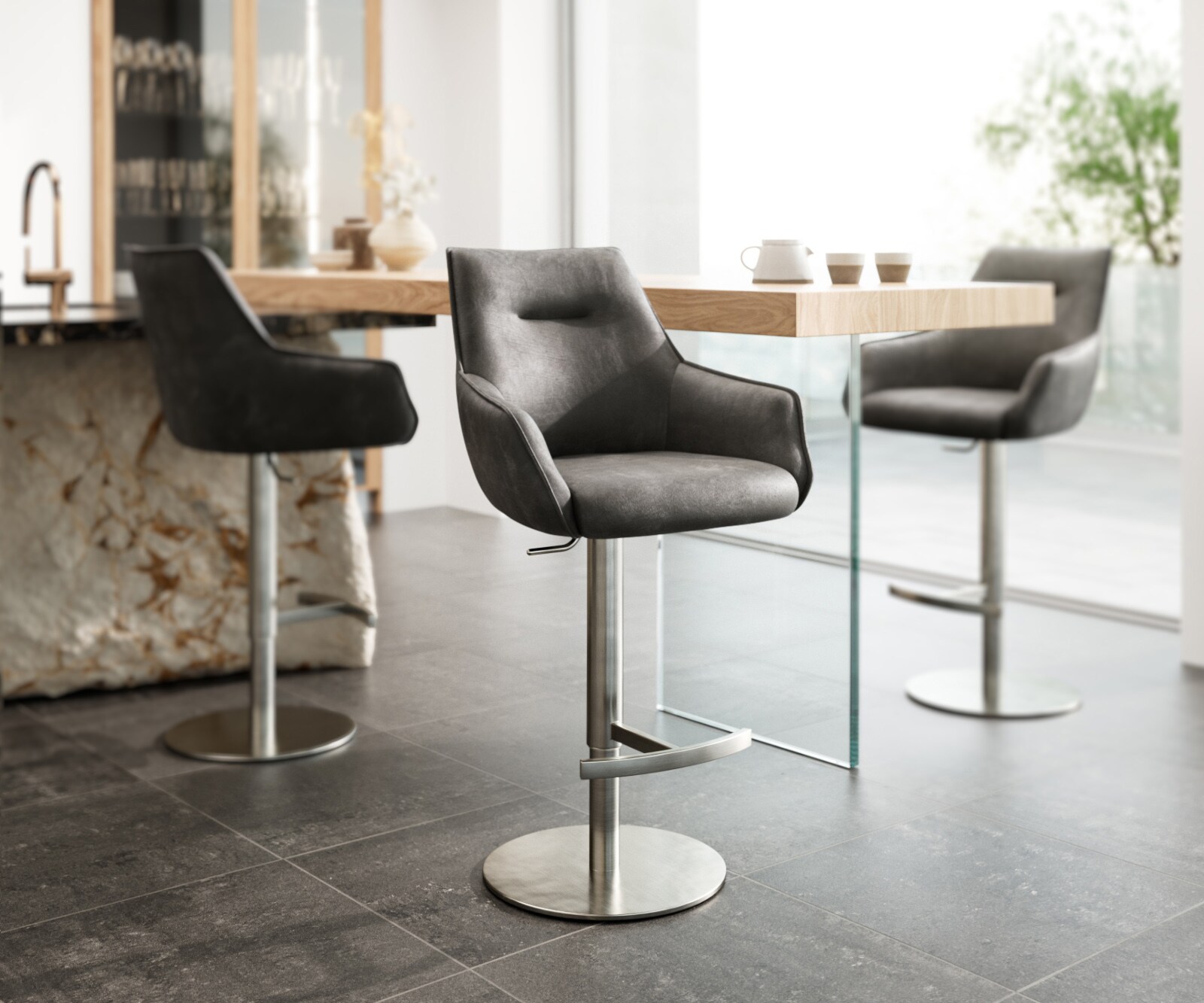 Barstoel Alja-Flex microvezel antraciet vintage draaivoet in hoogte verstelbaar RVS draaibaar pocketvering 1